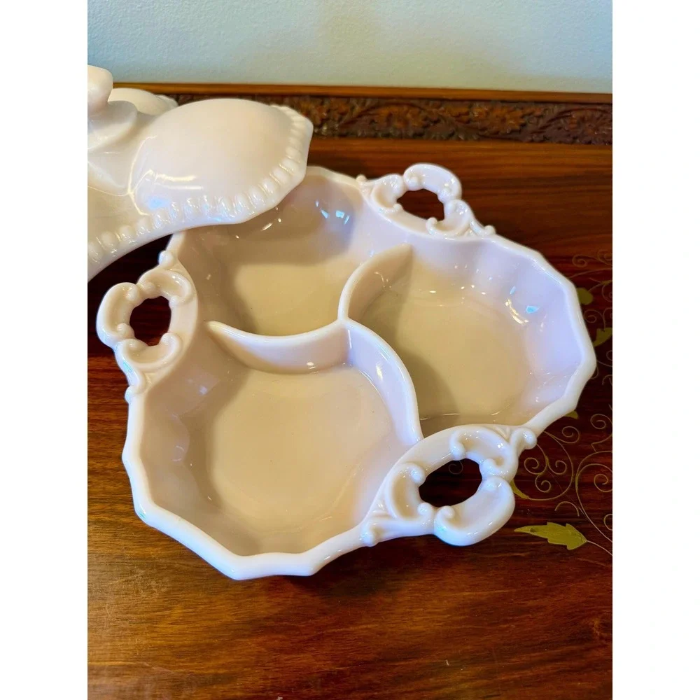 Vintage Pink Milk Glass Lidded‎ Divided Dish – Opaline Vanity or Candy Dish